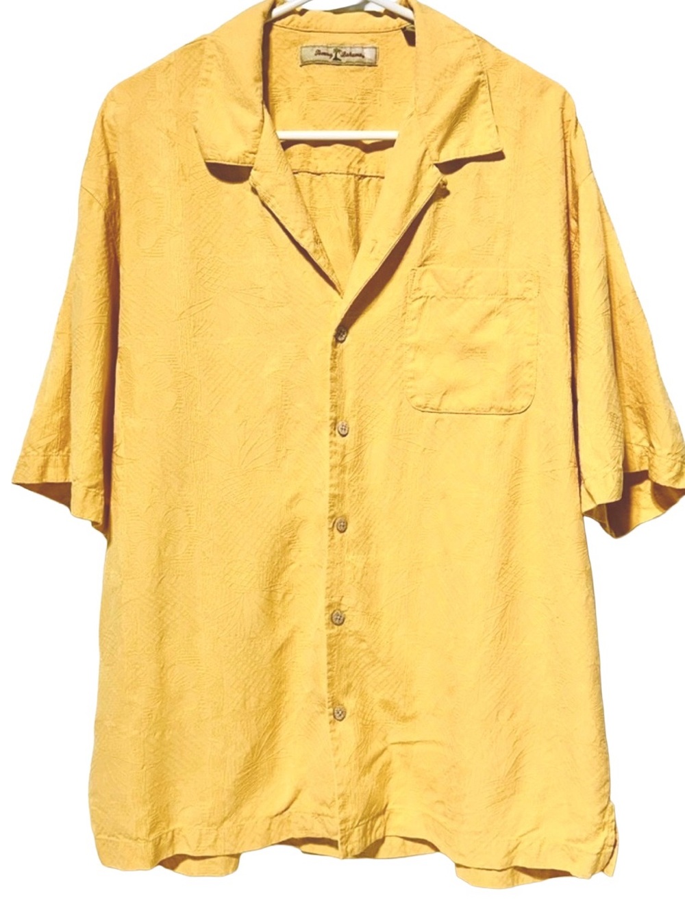Tommy Bahama 100% Silk Textured Palm Camp Shirt Men’s XL Mustard Yellow